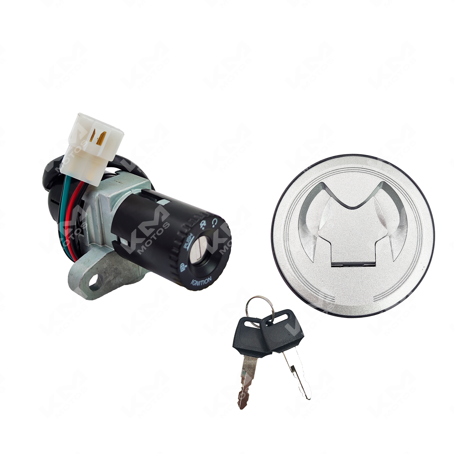 Interruptor de arranque KM Motos SX1/ZX150L/DM150, switch de encendido para motos, imágenes del componente metálico y cableado.