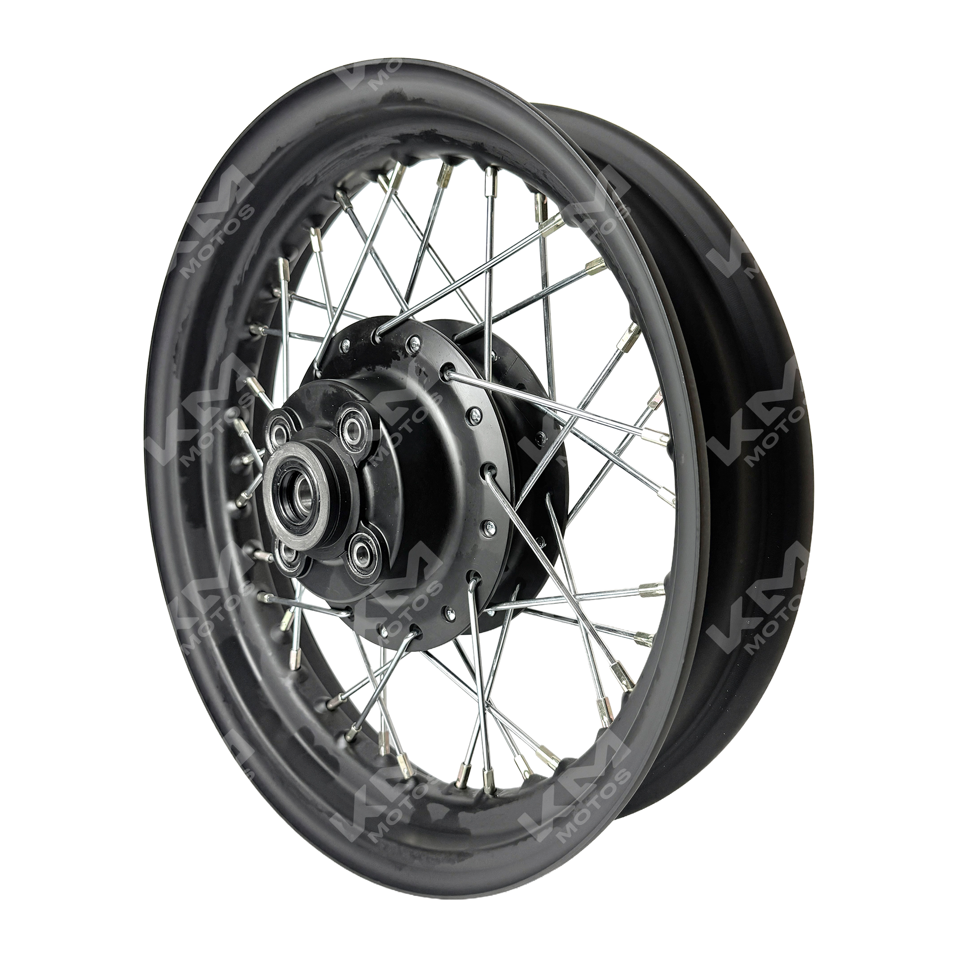Rin trasero armado DM150 de KM Motos, rueda de motocicleta con diseño resistente y acabado metálico visible en la imagen.