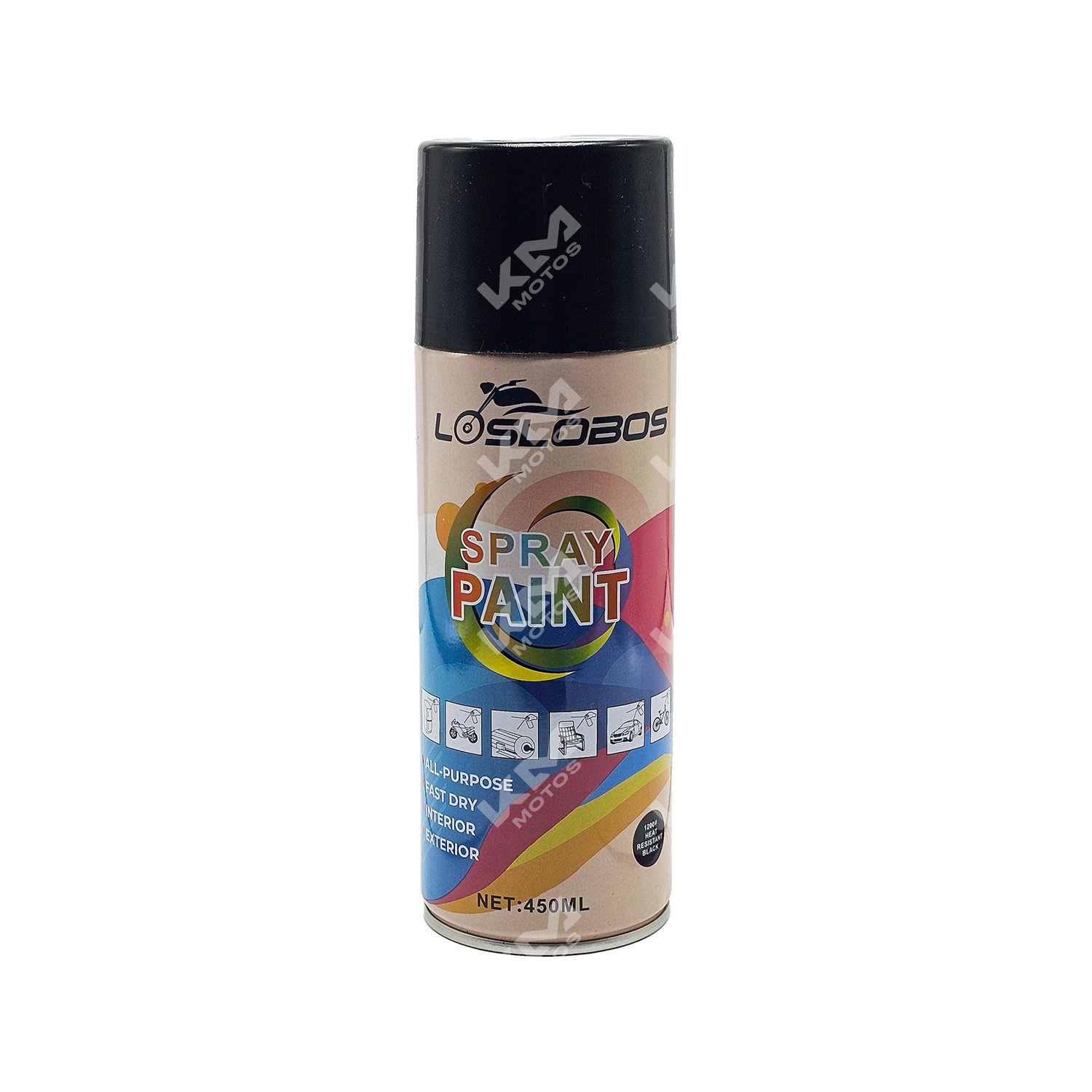 Spray de pintura negra de alta temperatura de la marca KM Motos, para protección resistente al calor en proyectos mecánicos