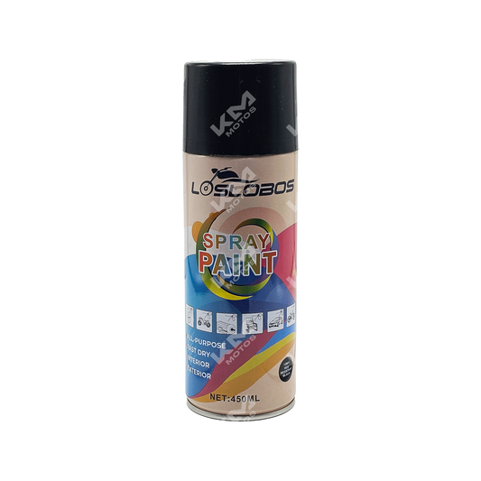 Spray de pintura negra de alta temperatura de la marca KM Motos, ideal para proteger y decorar superficies expuestas a calor.
