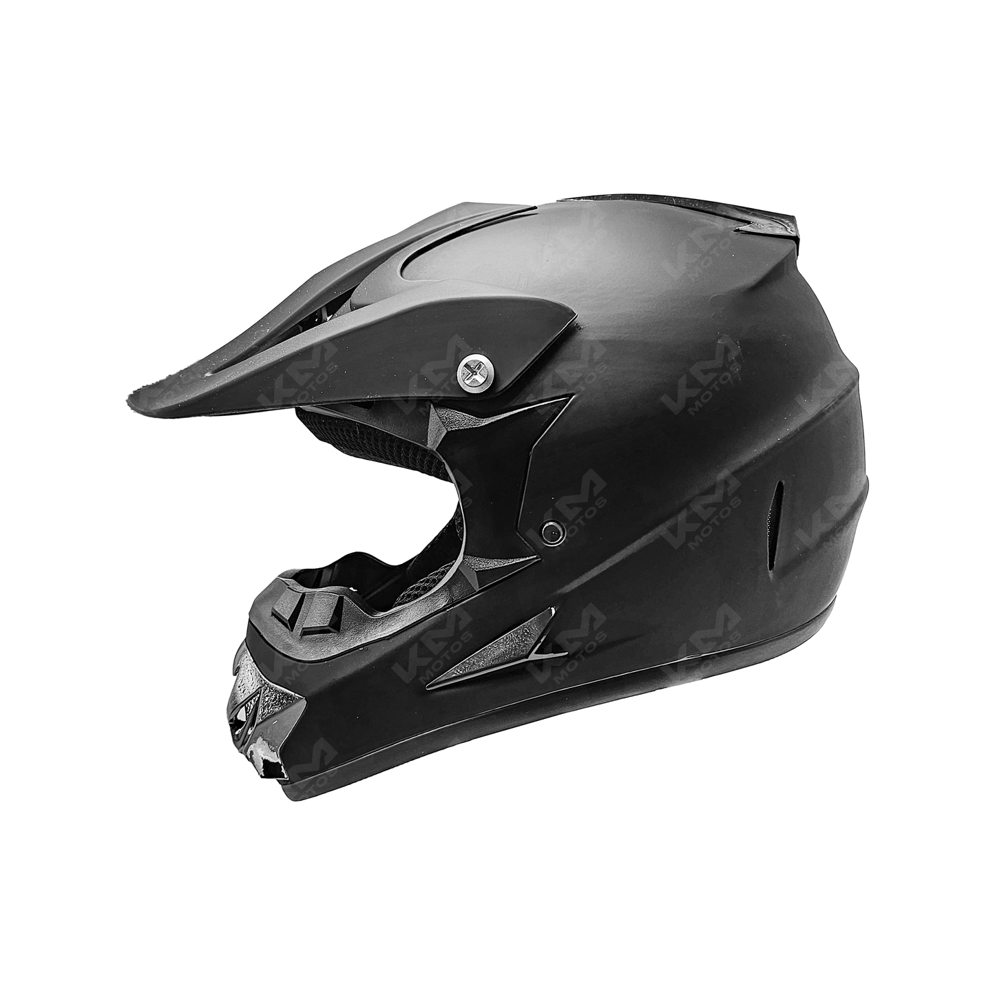 Casco cross negro mate de la marca KM Motos, con diseño resistente y protección para motociclistas de off-road.