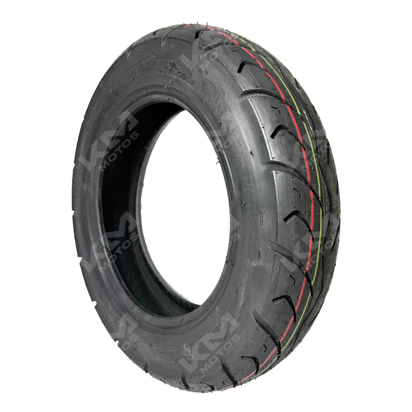 Llanta lisa de 3.50-10 de la marca KM Motos, diseñada para motocicletas, con perfil liso y duradero.