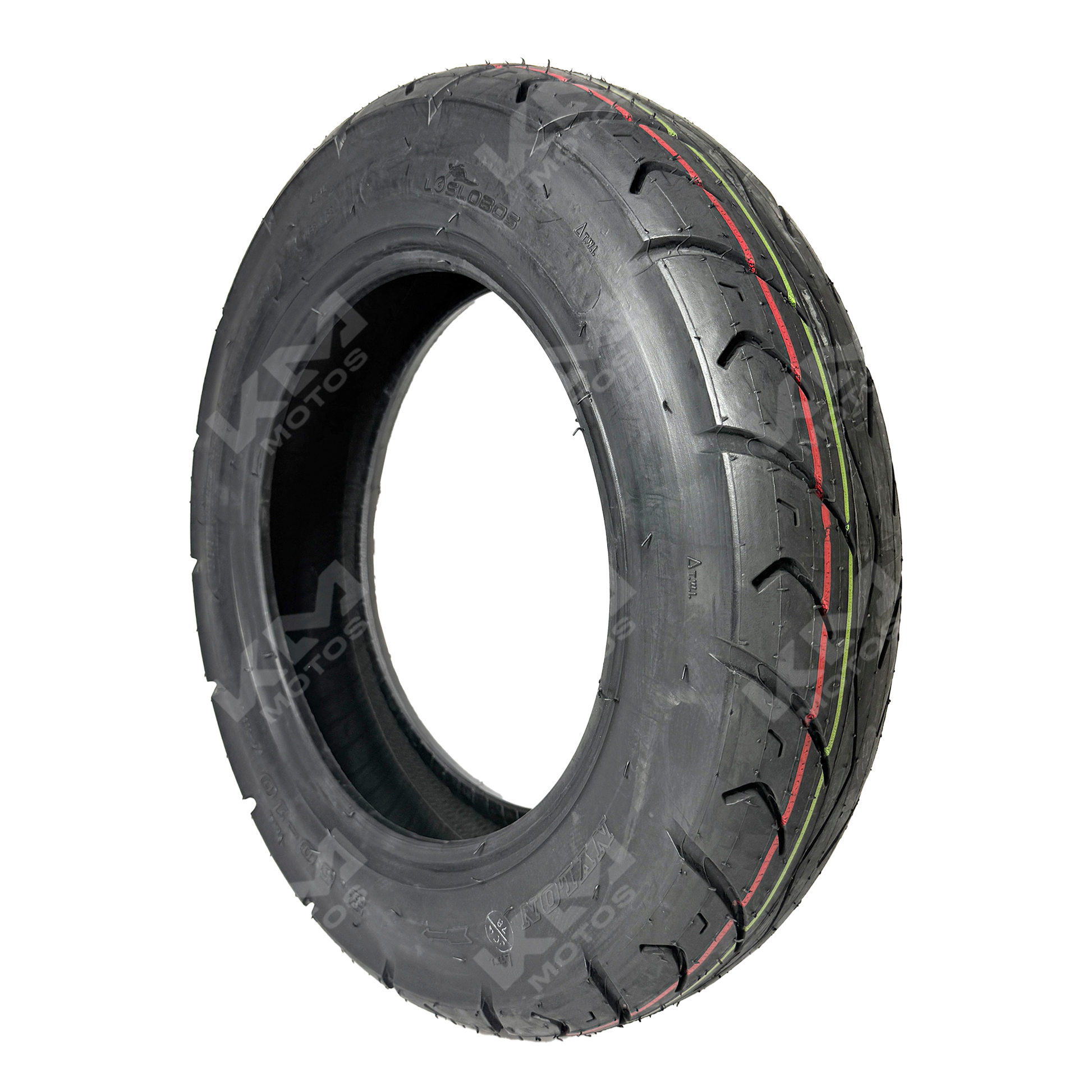 Llanta lisa de 3.50-10 de la marca KM Motos, diseñada para motocicletas, con perfil liso y duradero.
