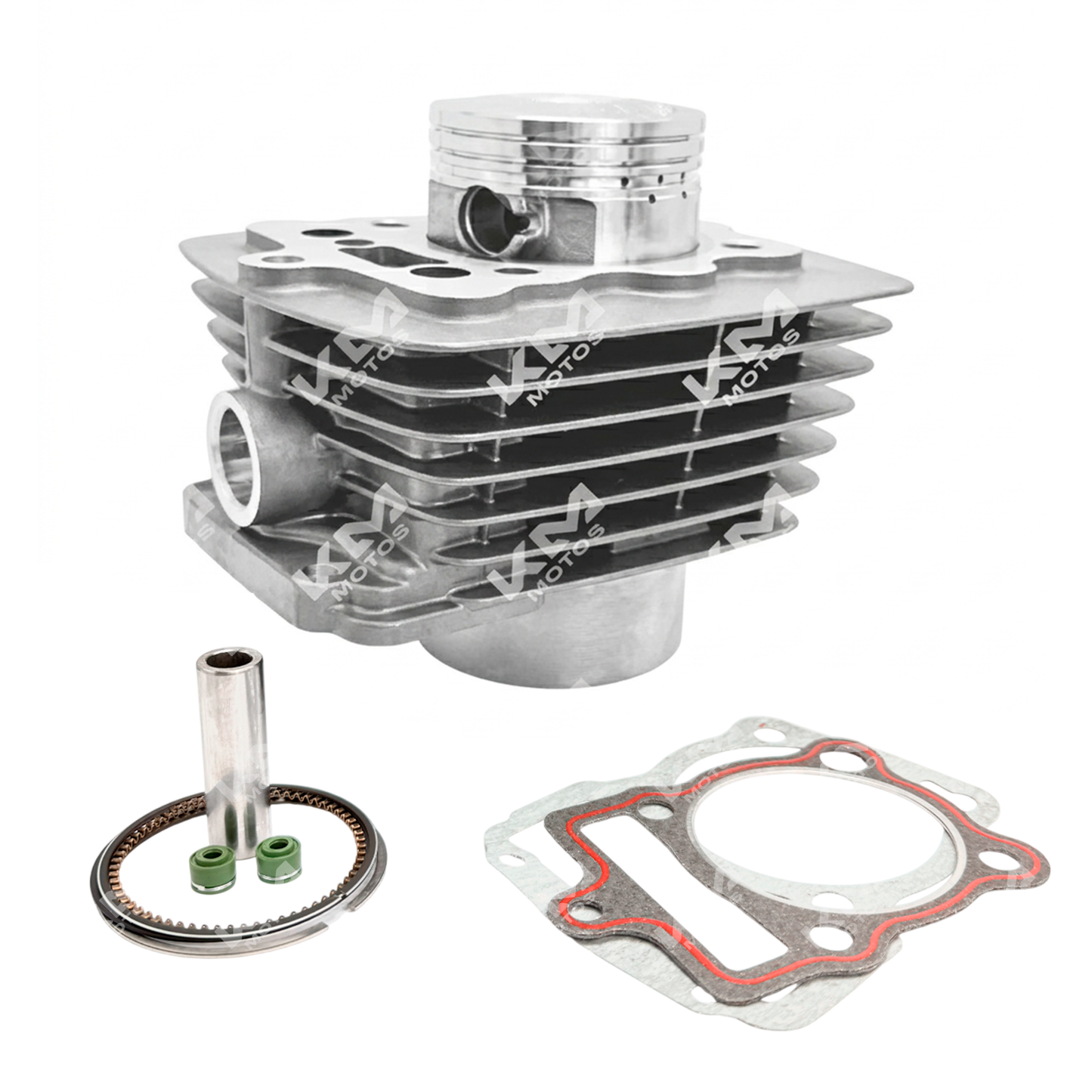 Kit de cilindro gris KM Motos para CG200, GYA y TX200, 198cc, incluye componentes para reparación de motor.