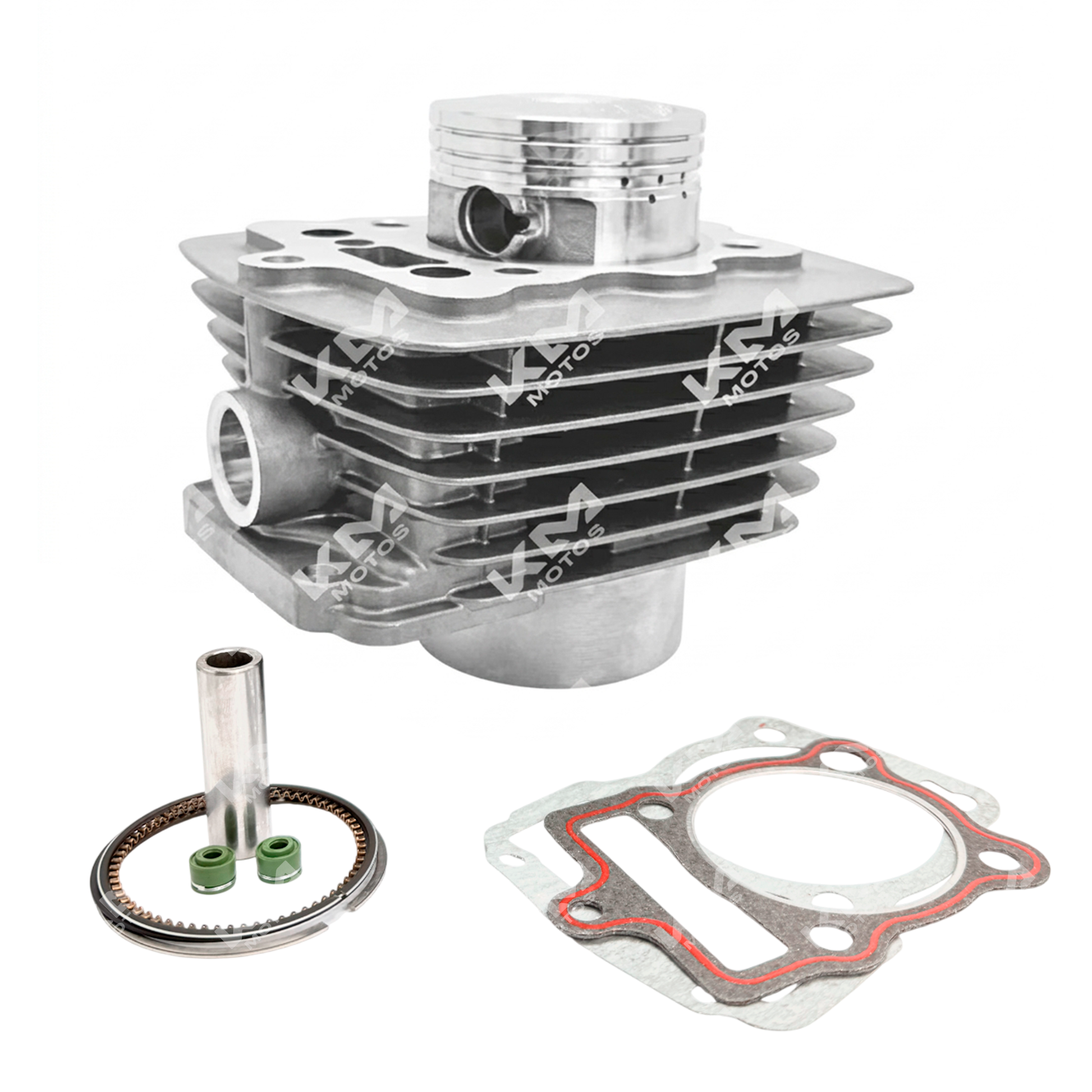 Kit de cilindro gris KM Motos para CG200, GYA y TX200, 198cc, incluye componentes para reparación de motor.