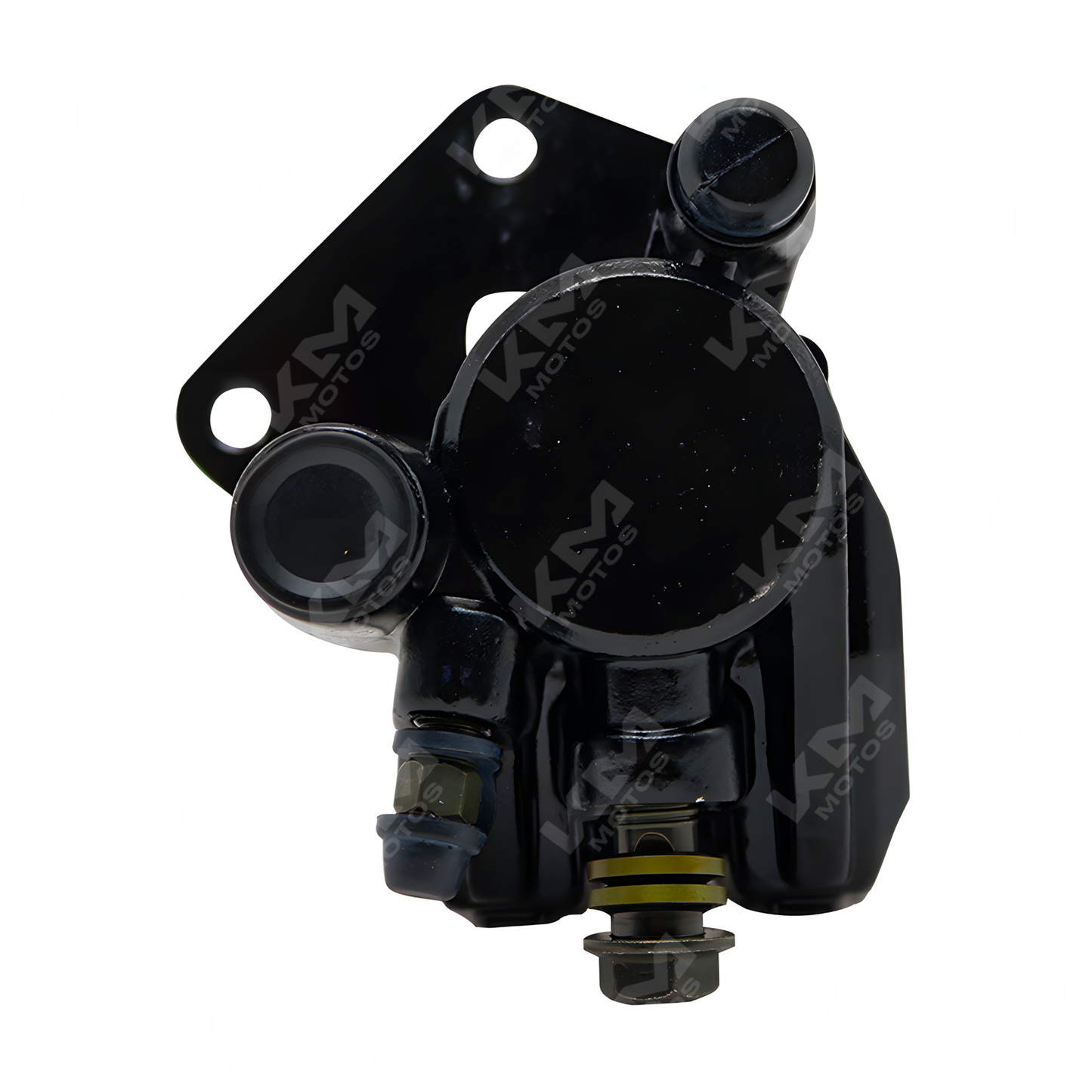 Caliper FT150 de KM Motos con pastilla cuadrada para frenos, en color negro con detalles metálicos.