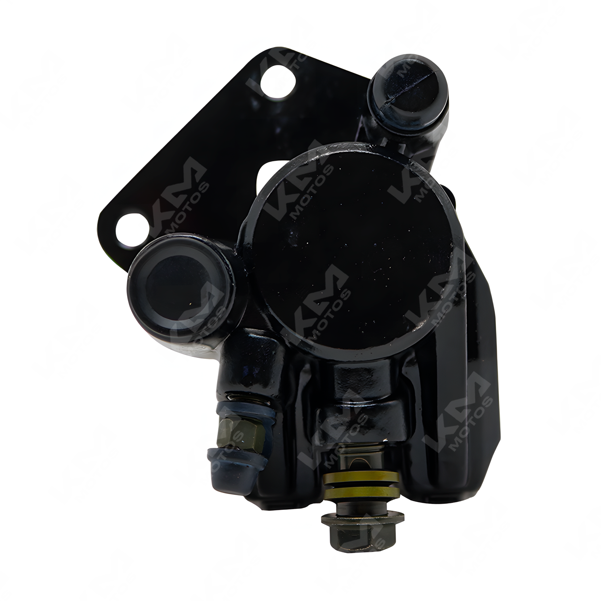 Caliper FT150 de KM Motos con pastilla cuadrada para frenos, en color negro con detalles metálicos.