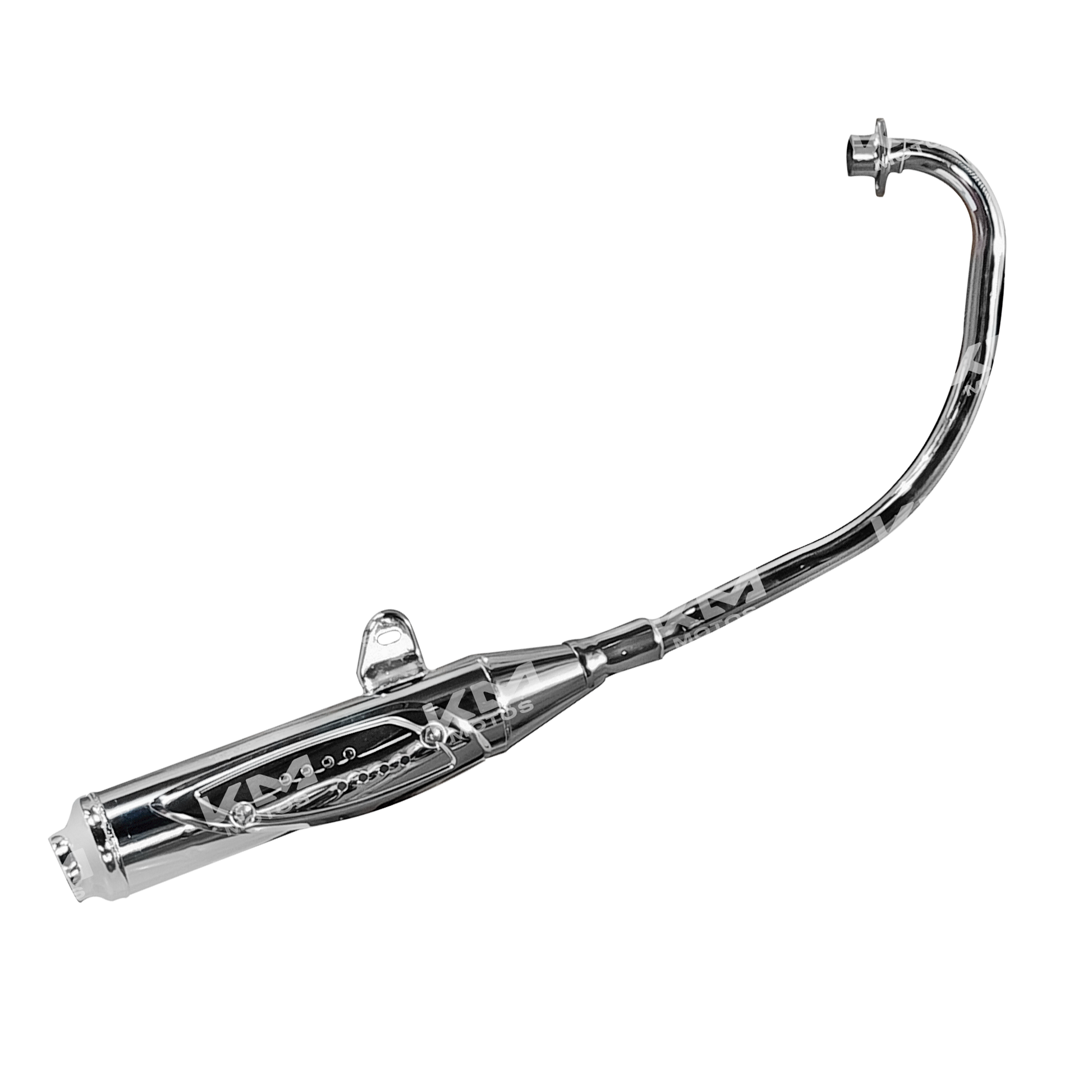 Escape KM Motos HJ125-7/EN125 cromado, tubo de escape de motocicleta con acabado brillante y diseño elegante.