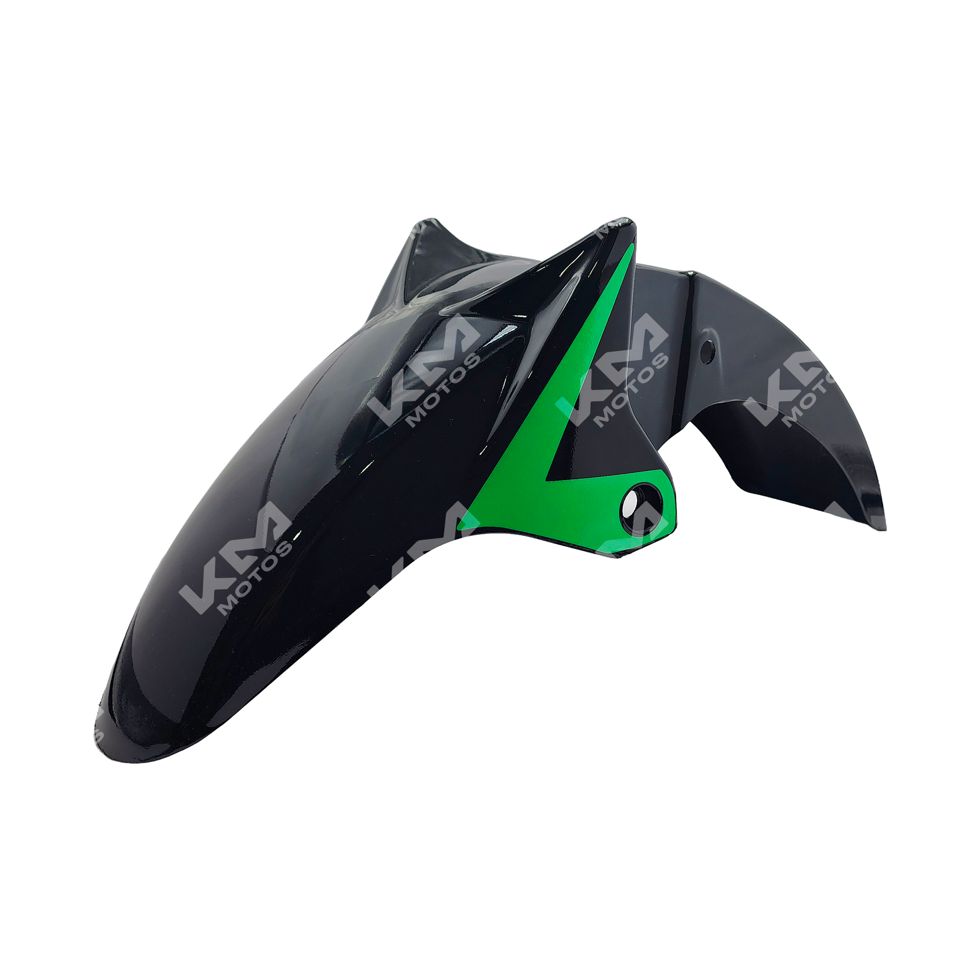 Guardafango delantero verde y negro para motocicleta KM Motos, modelo 150Z/CR1, resistente y de alta durabilidad.