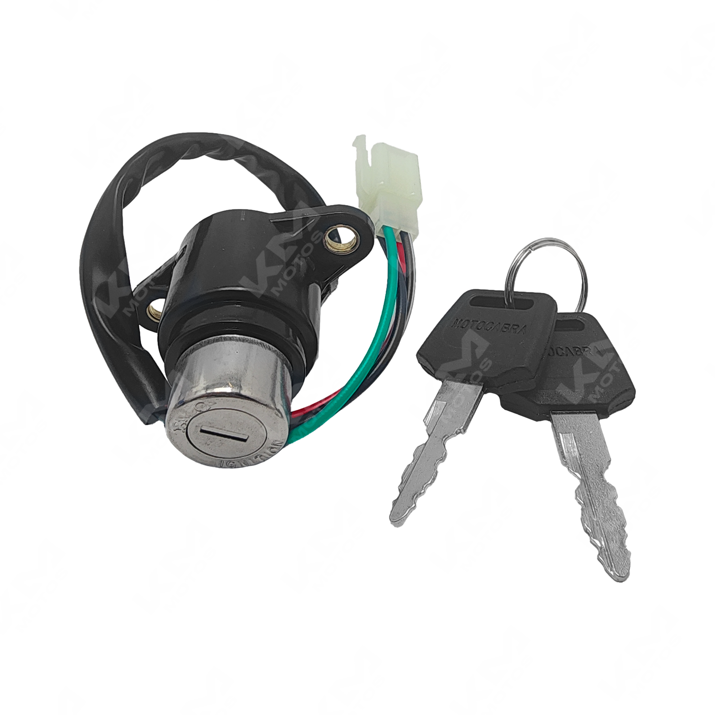 Interruptor de encendido KM Motos Serpento Taypan 150, switch de arranque para motocicleta, en color negro con conexiones visibles