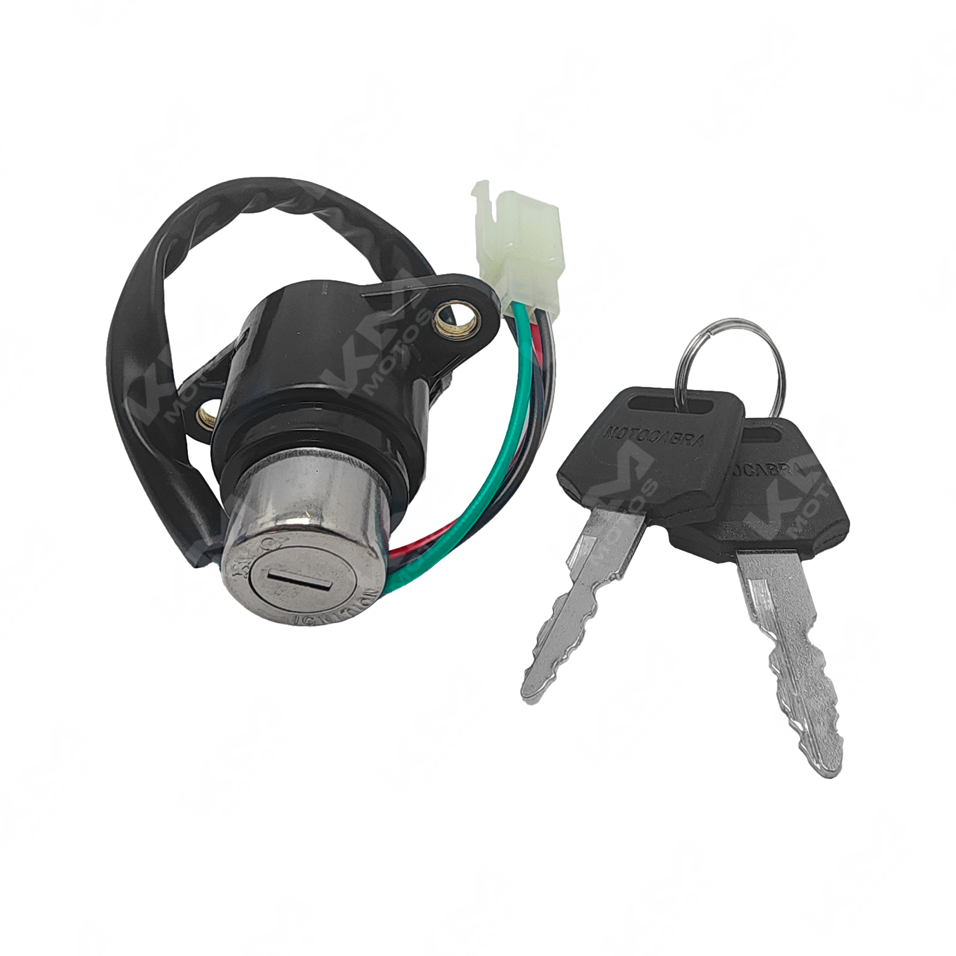 Interruptor de encendido KM Motos Serpento Taypan 150, switch de arranque para motocicleta, en color negro con conexiones visibles