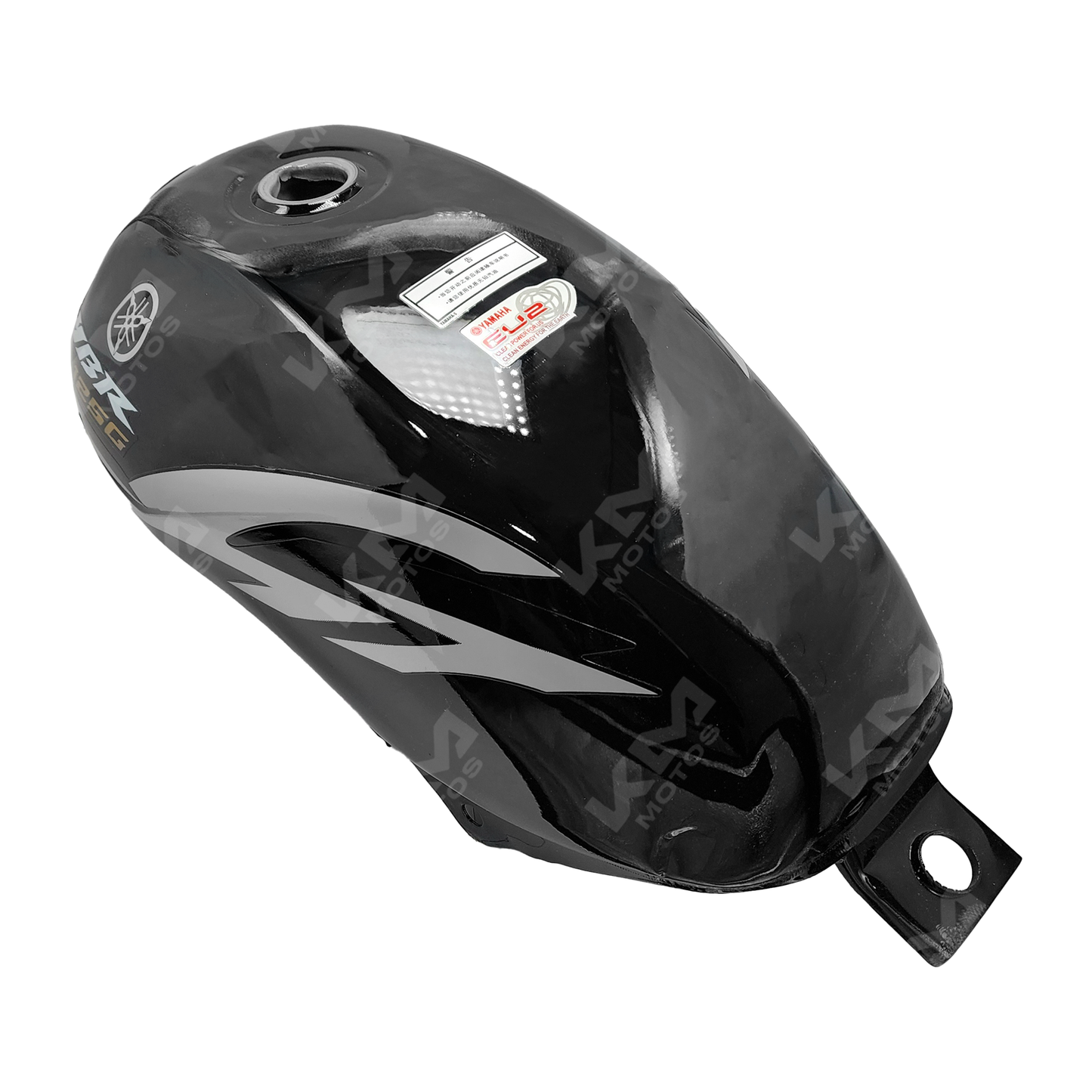 Tanque de motocicleta negro para YBR125 de la marca KM Motos, con detalles y acabado en superficie.