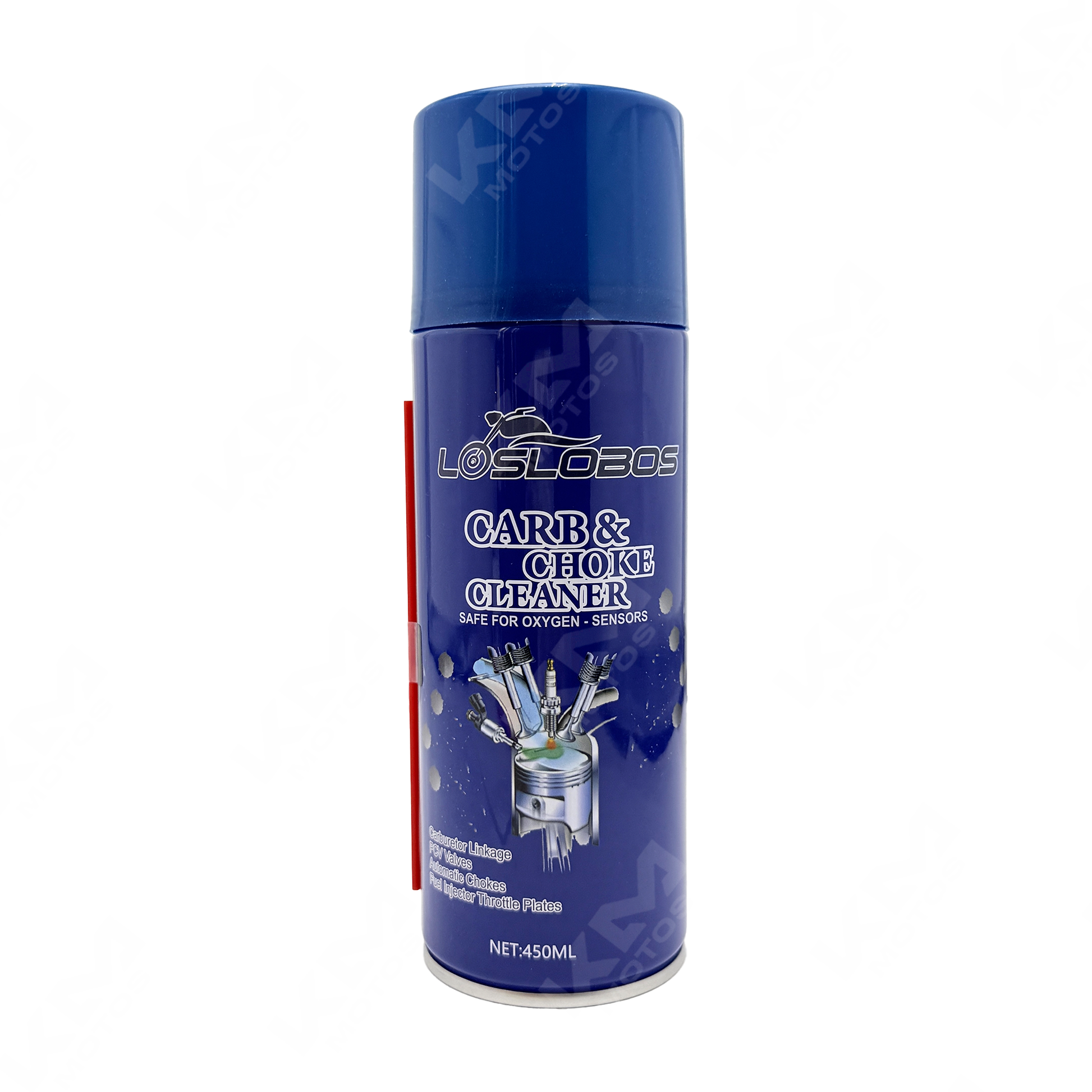 Limpiador de carburador KM Motos en spray de 450 ml, con boquilla para limpiar componentes del sistema de combustible.