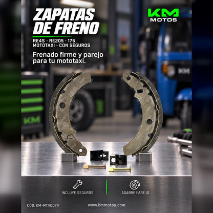 Zapata de freno KM Motos RE4S/RE205/175 para mototaxi con seguros, vista lateral en color negro.