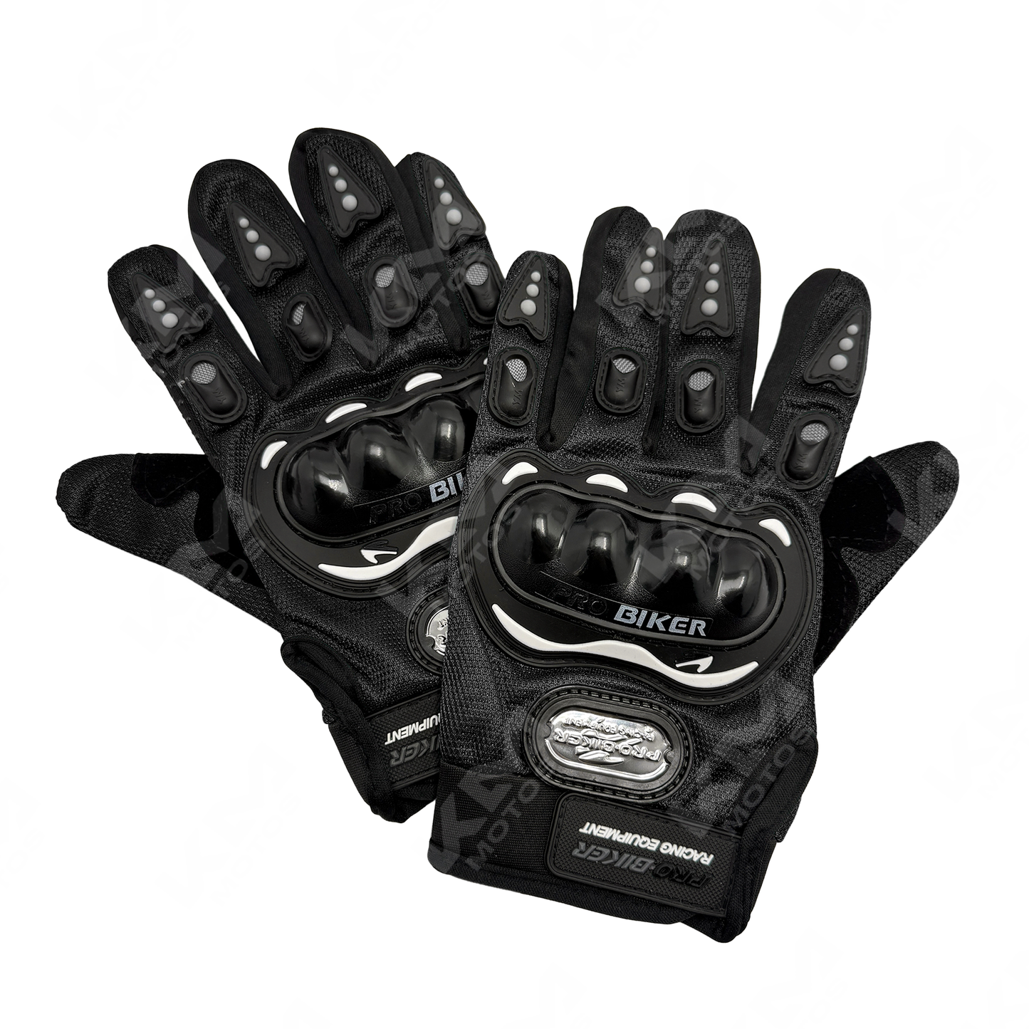 Guantes largos de protección en color negro de la marca KM Motos, ideales para motociclistas y seguridad en conducción.