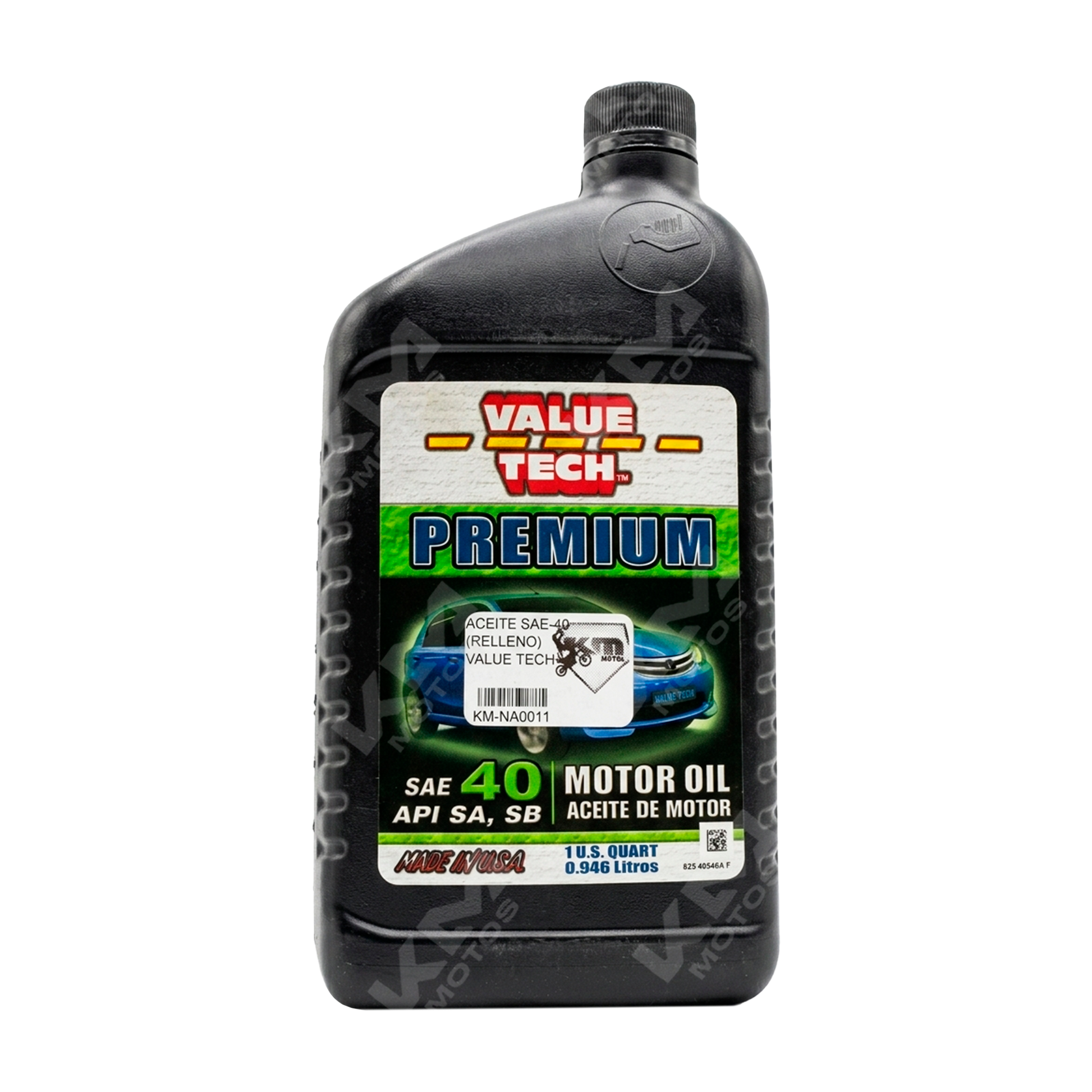 Aceite SAE-40 Relleno de la marca KM Motos, envase con lubricante para motores de motocicleta.