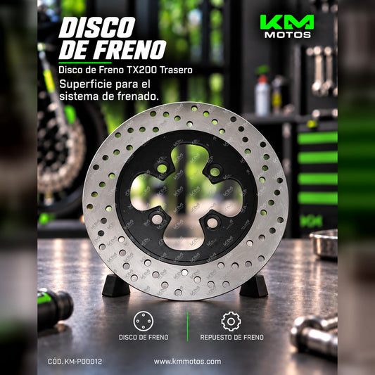 Disco de freno trasero Xia TX200 con superficie de frenado y orificios para montaje en motocicleta.
