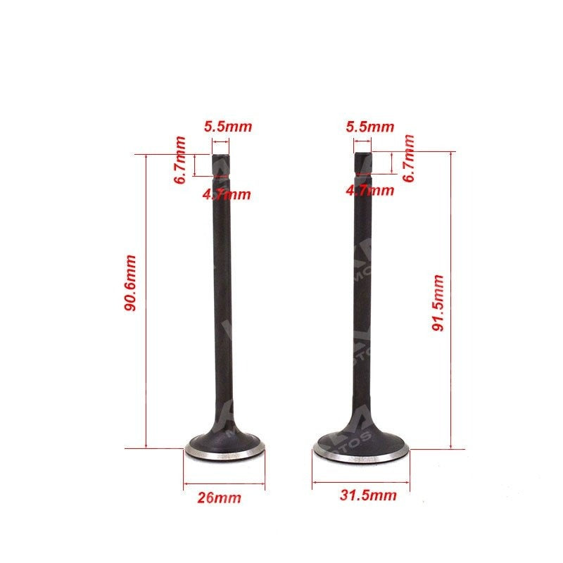 Válvulas de admisión y escape Xia RKS150 para motor, componentes metálicos con detalles precisos y marca visible.
