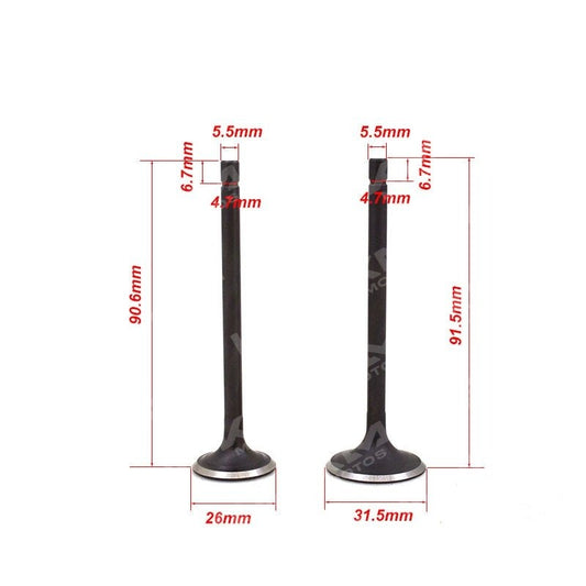 Válvulas de admisión y escape Xia RKS150 para motor, componentes metálicos con detalles precisos y marca visible.