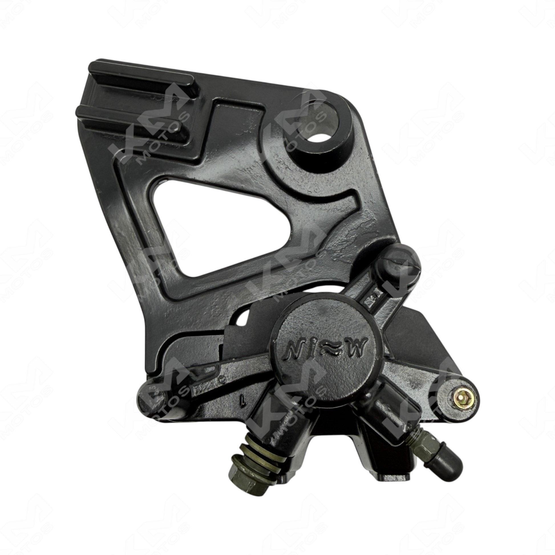 Caliper trasero RTR180 Apache de KM Motos, mostrando detalles del componente de freno en color negro.