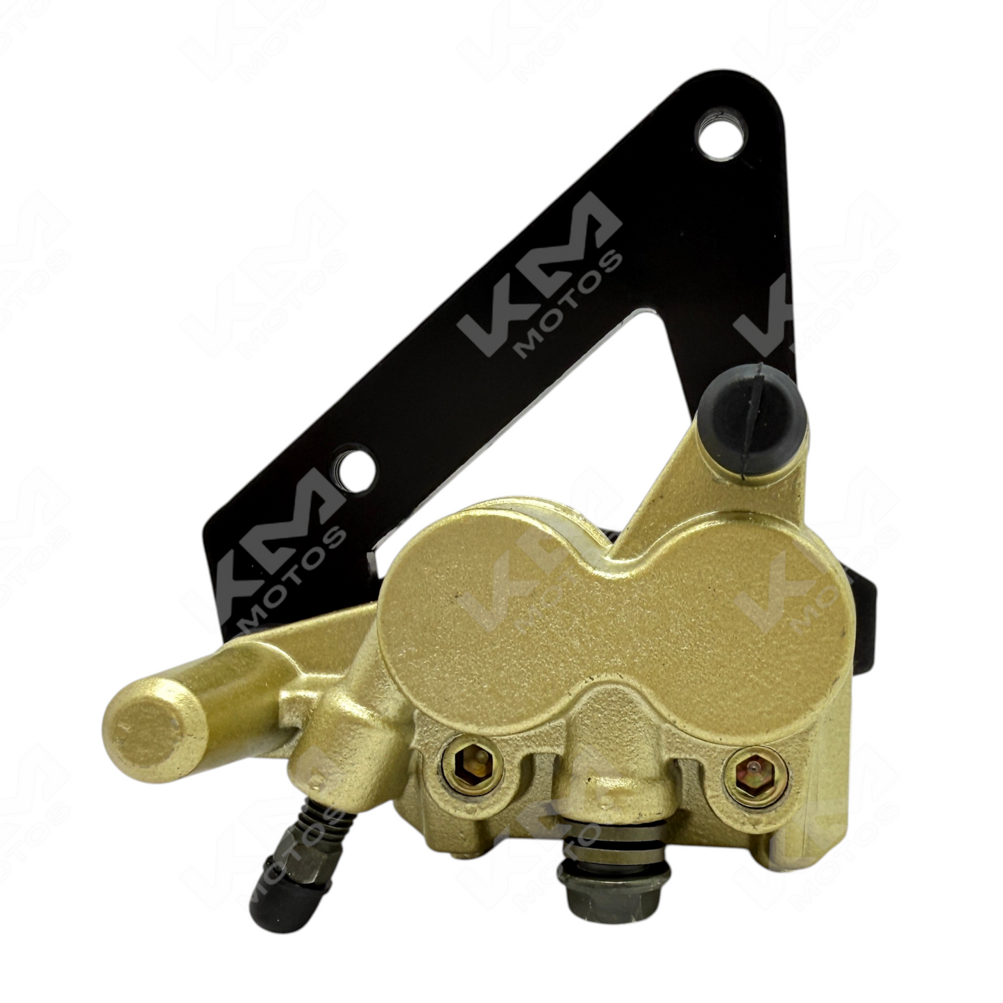 Caliper delantero Apache 160/180 de KM Motos, mostrando el componente metálico con detalles de montaje y marca.