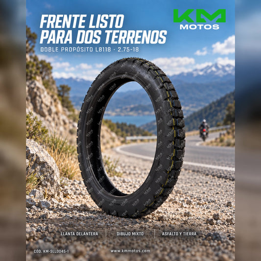 LLANTA DELANTERA 2.75-18 DOBLE PROPOSITO L8118 — KM-SLL0045-1 | KM Motos
