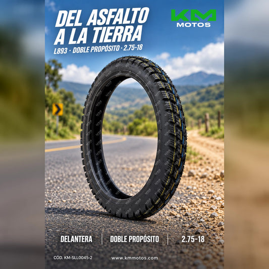 Llanta delantera doble propósito KM Motos 2.75-18, neumático resistente para motocicleta en imagen.