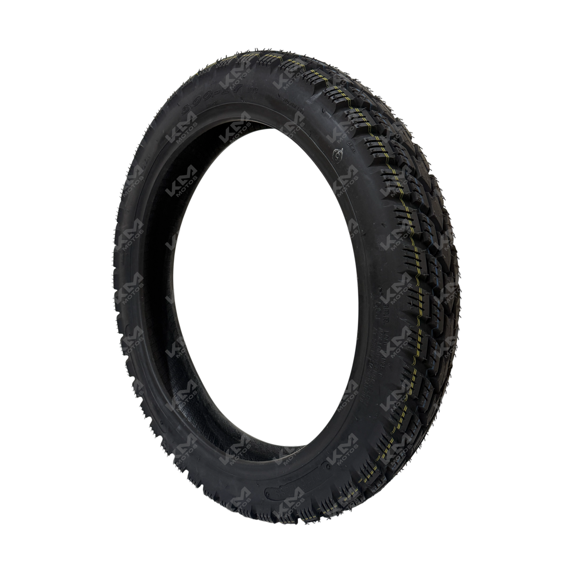Llanta delantera doble propósito KM Motos 3.00-17, neumático resistente para motocicletas y uso mixto.