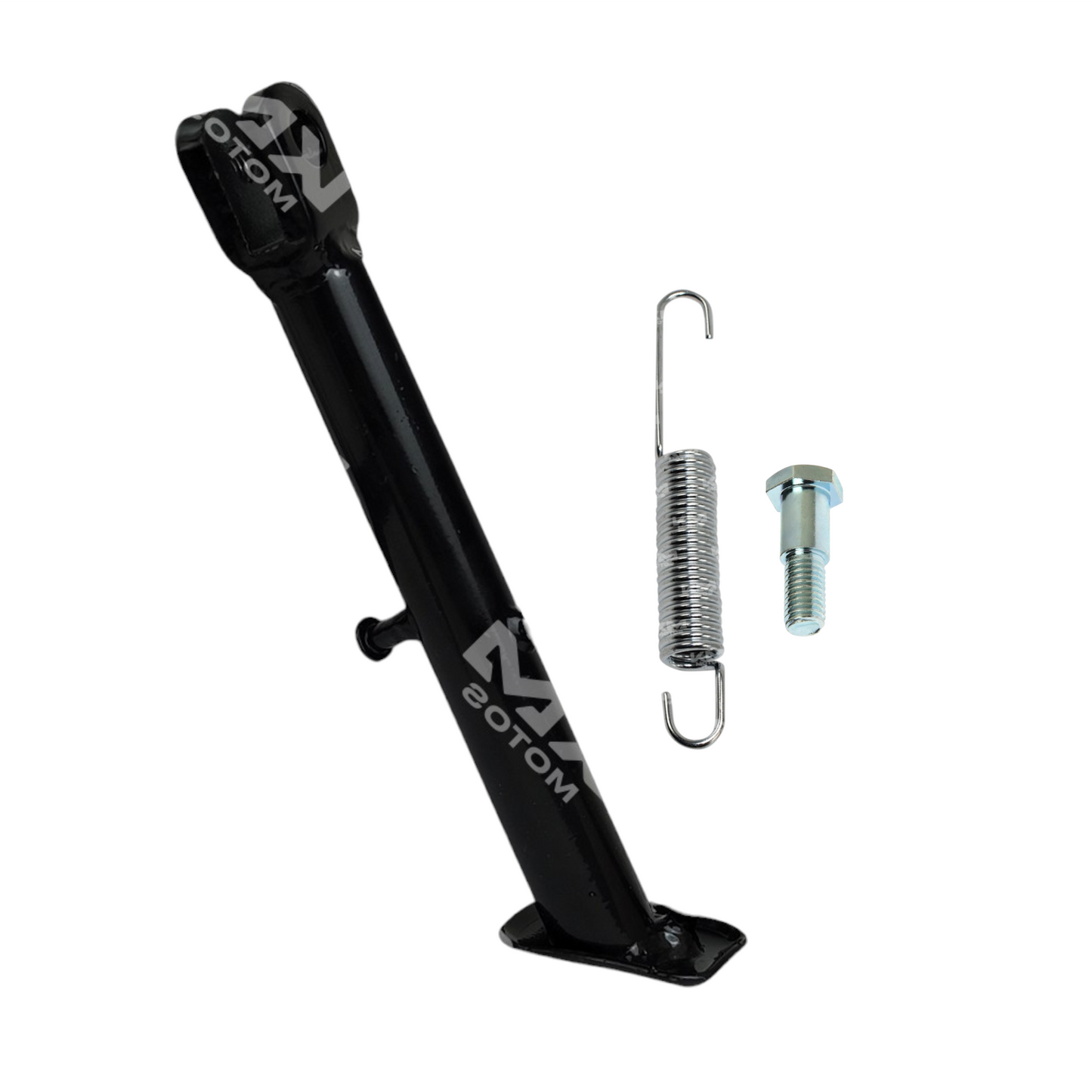 Pata lateral Crux Rev de 215 mm de KM Motos, pieza de soporte resistente para motocicletas, en color negro con detalles metálicos.