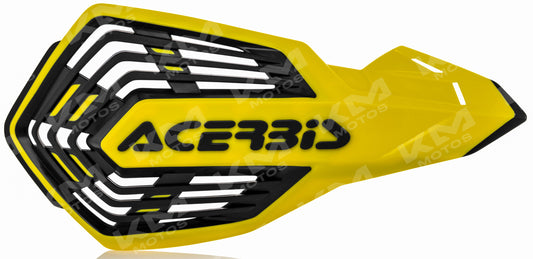 Protector de punos Acerbis y blister de manoplas amarillas para protección de manos en motocicleta.