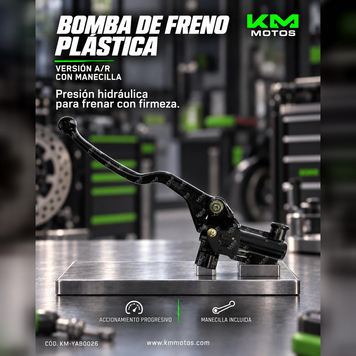 Bomba de freno de plástico para motocicleta KM Motos, con manecillas y diseño compacto, ideal para sistemas de freno.