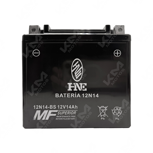 Batería sellada KM Motos 12N14-BS/YTX14-HL con cables y terminales visibles en la imagen.