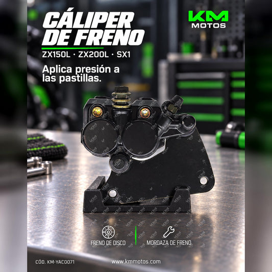 Caliper de freno delantero KM Motos ZX150L, ZX200L o SX1, en color negro, con detalles y marca visible.