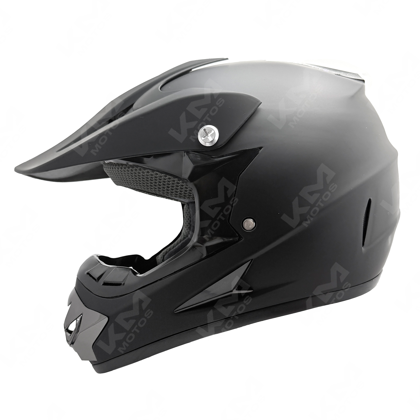 Casco cross negro mate de KM Motos, casco de protección para motocicletas todoterreno con diseño resistente y moderno.