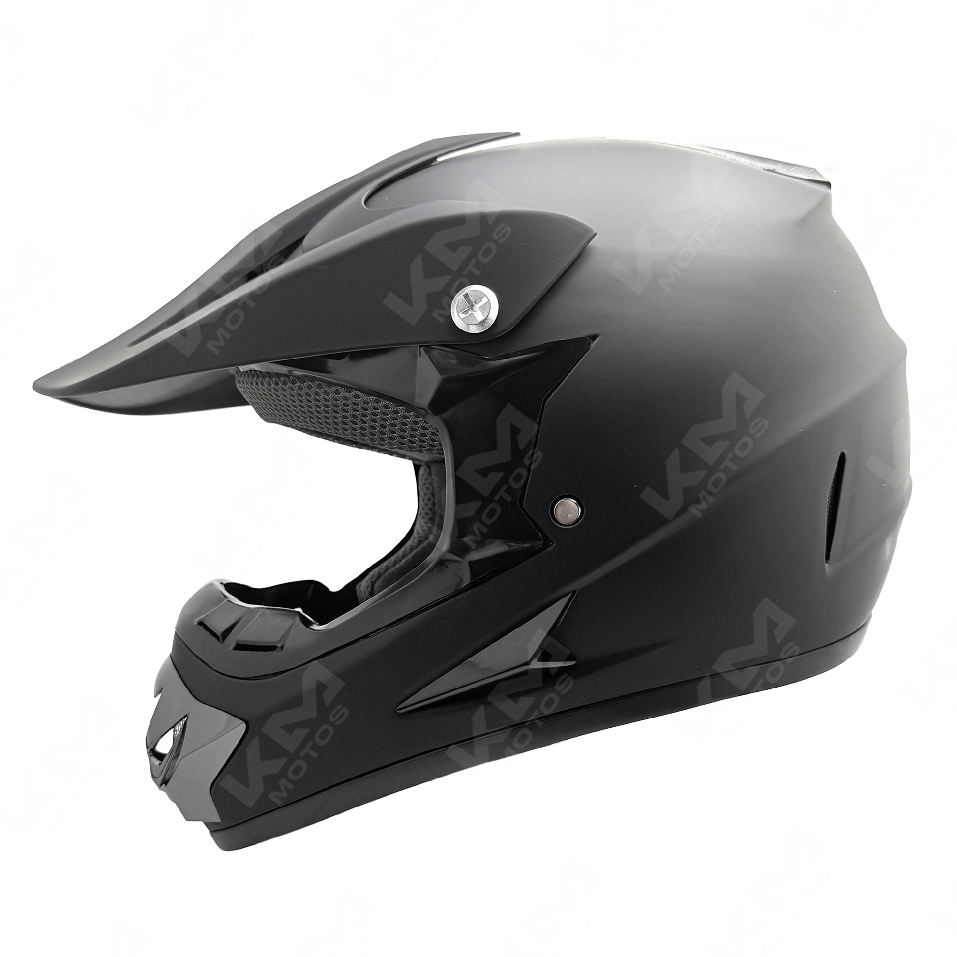 Casco cross negro mate de KM Motos, casco de protección para motocicletas todoterreno con diseño resistente y moderno.