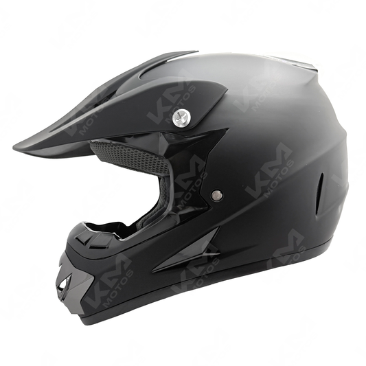 Casco de cross negro mate de KM Motos, diseño seguro y resistente con visera y ventilación para motocross.