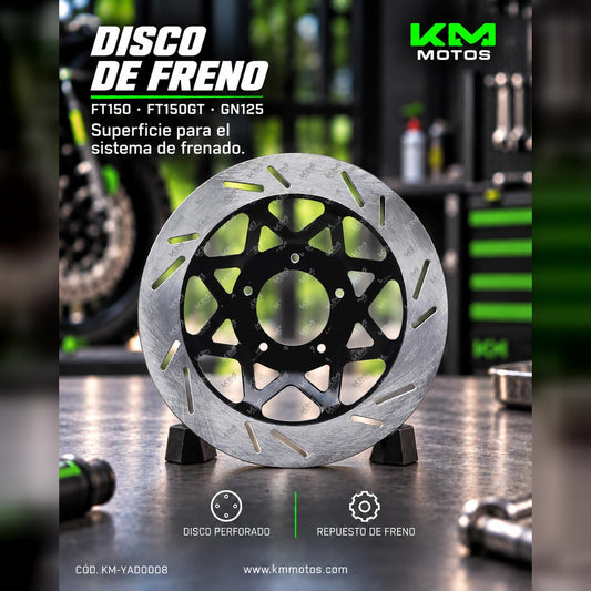 Disco de freno KM Motos para FT150, FT150GT, FT150 y GN125, muestra la superficie de frenado y perforaciones.