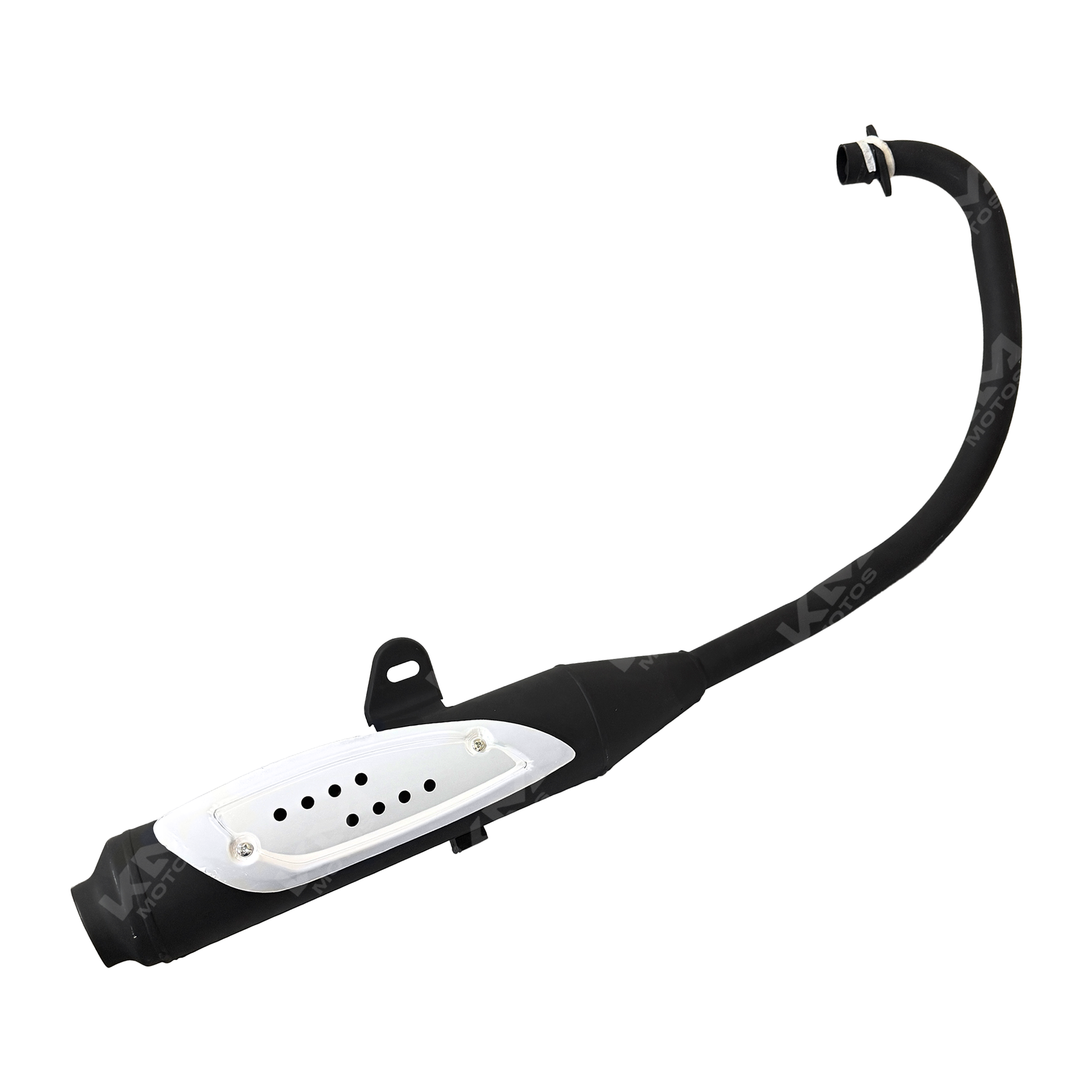 Escape negro KM Motos HJ125-7/EN125, vista lateral del sistema de escape para motocicleta, con detalles en negro y acabado metálico.