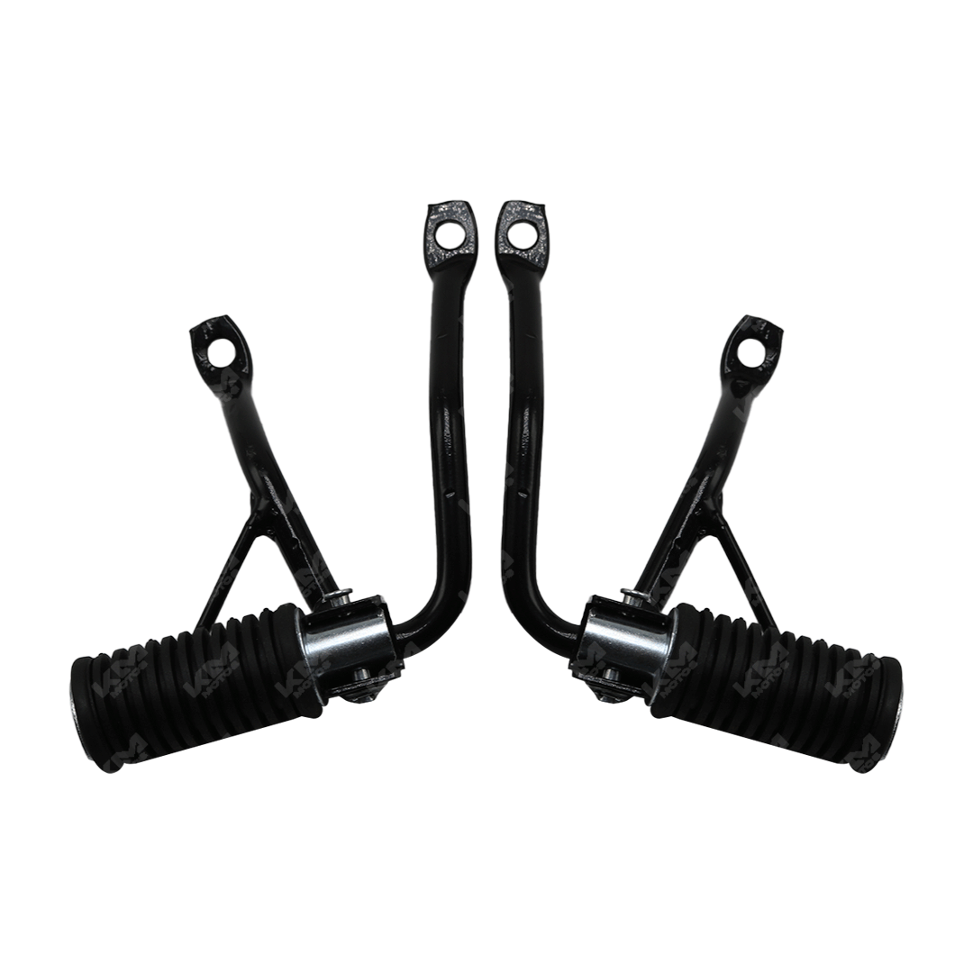 Estribos delanteros universales GXT200/KMF200, accesorios de motocicleta, en color negro, con detalles de montaje y marca Universal.