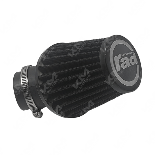 Filtro de aire Intex de lujo curvo de la marca KM Motos, visible en la imagen con diseño elegante y forma curva.