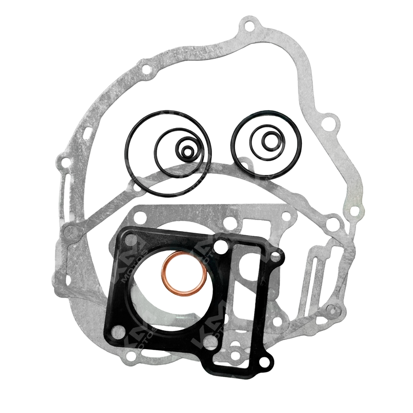 Kit de empaques para motor YBR125 y XTZ125 de KM Motos, componentes visibles para reparación y sellado del motor.