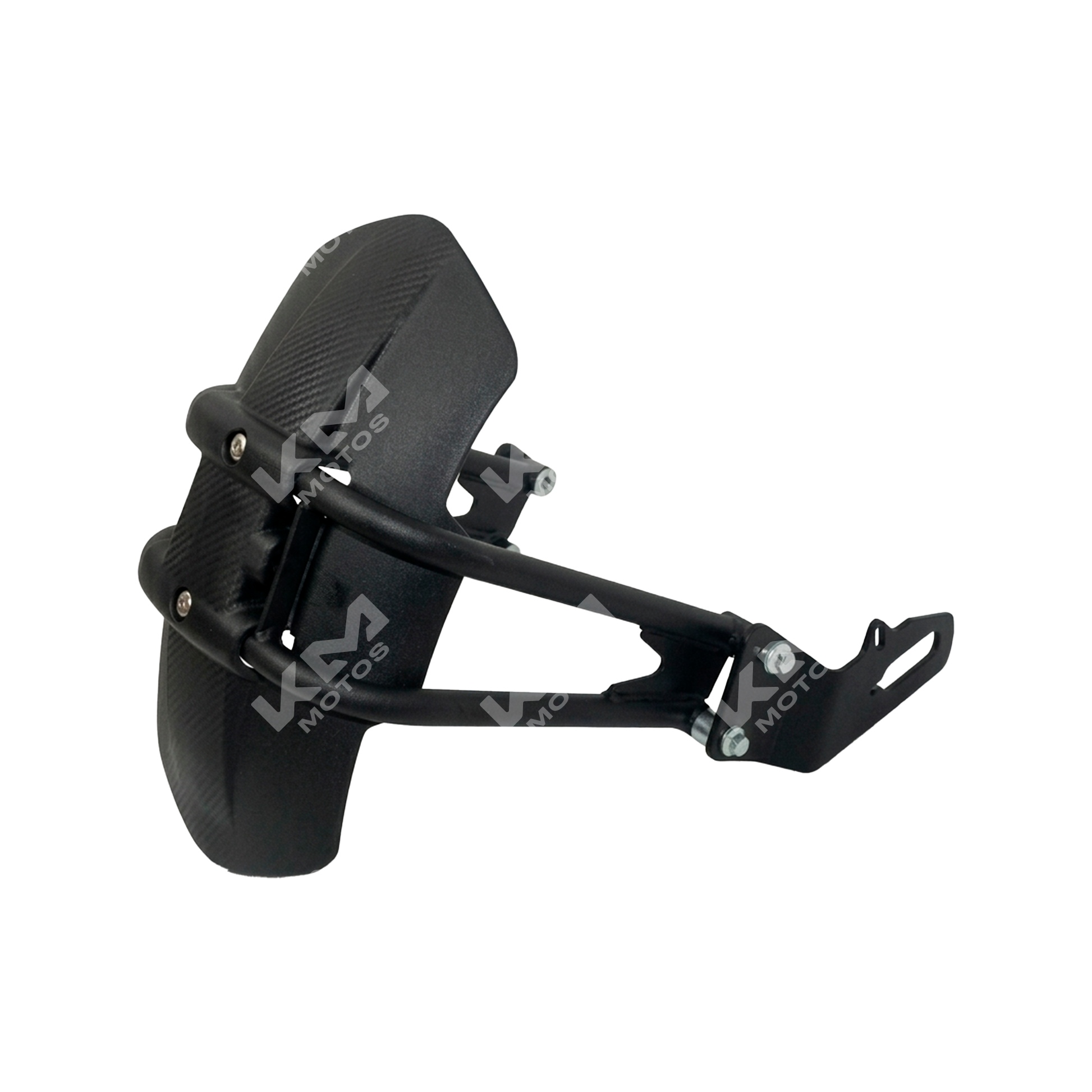 Guardafango universal de fibra KM Motos, resistente y ligero, con acabado en negro, diseñado para protección de motocicletas.