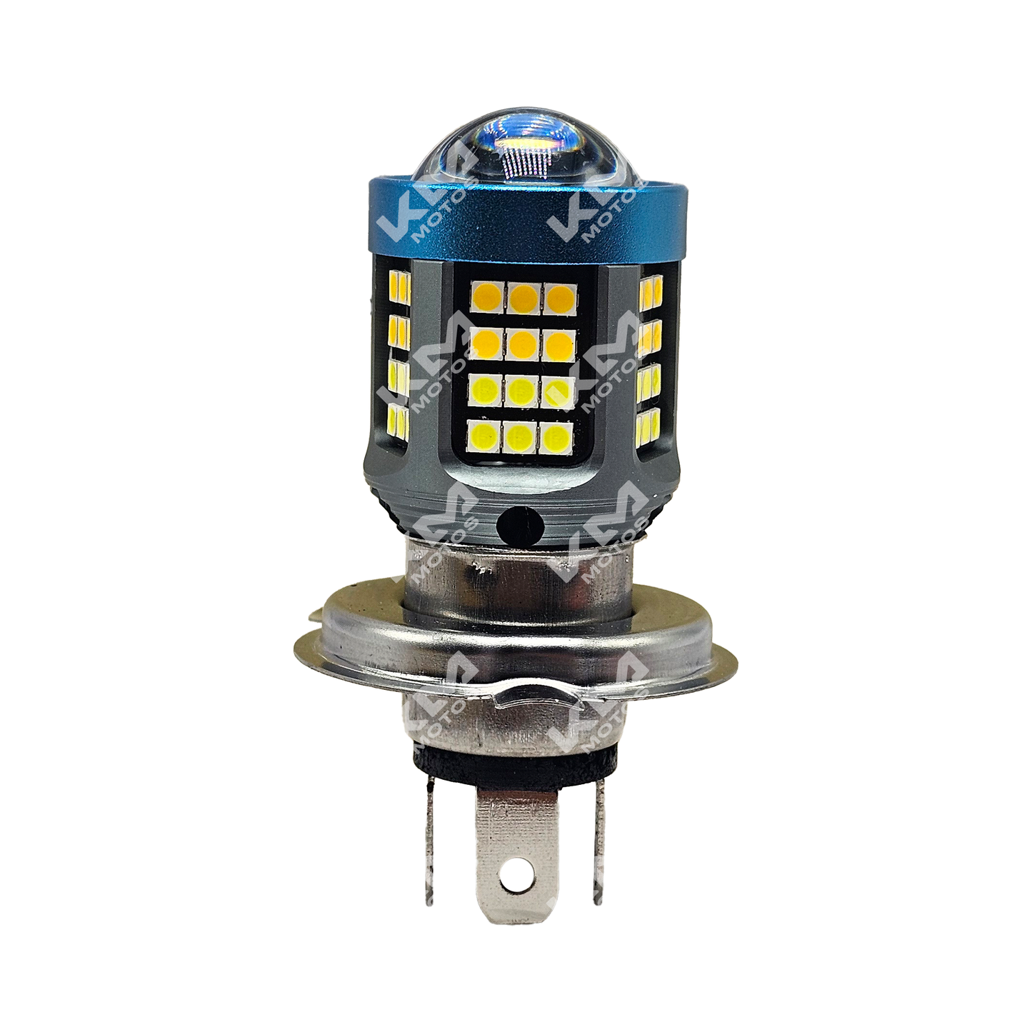 Luz LED lupa H4 de cinco lados de KM Motos, foco de alta intensidad y diseño compacto para motocicletas.