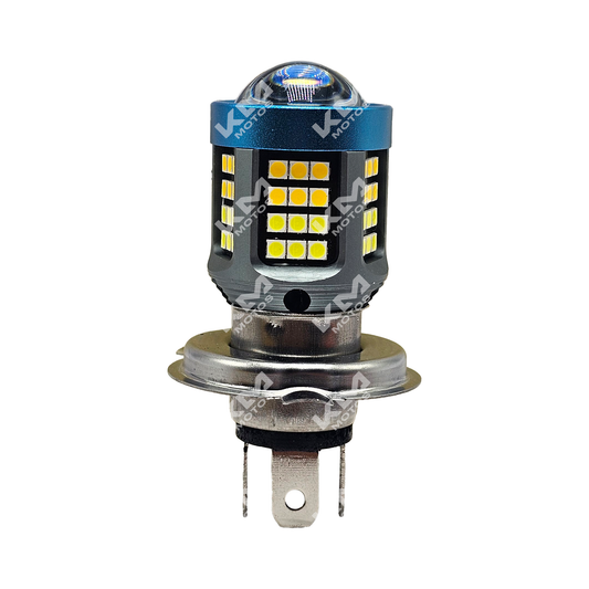 Luz LED lupa H4 de cinco lados de KM Motos, foco de alta intensidad y diseño compacto para motocicletas.