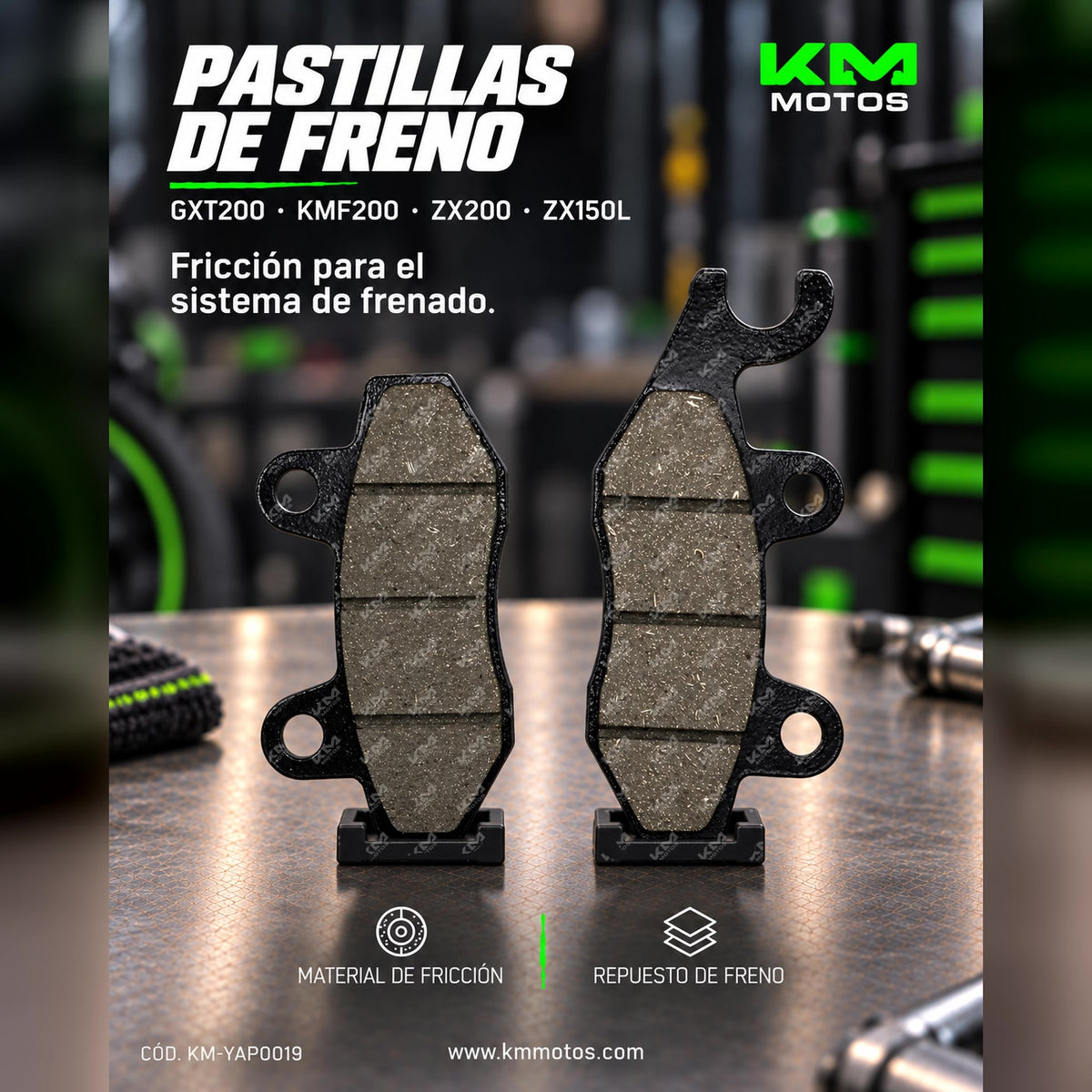 Pastillas de freno KMMOTOSHN para GXT200, KMF200, ZX200 y ZX150L, mostrando las pastillas de freno en la imagen.