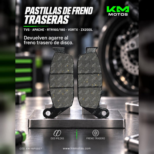 PASTILLAS DE FRENO TVS/APACHE/RTR160/RTR180/VORTX/ZX200L (M.N) TRASERAS — KM-YAP0027 | KM Motos