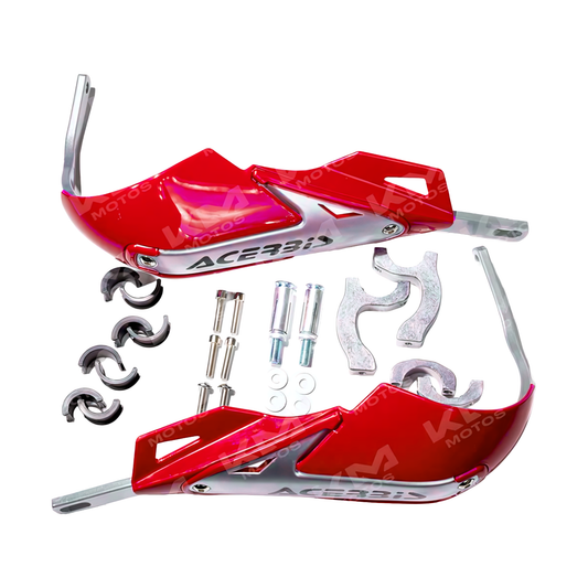 Protector de punos Acerbis KMMOTOS en color blanco y blister de metal, diseñado para protección y comodidad en motos.