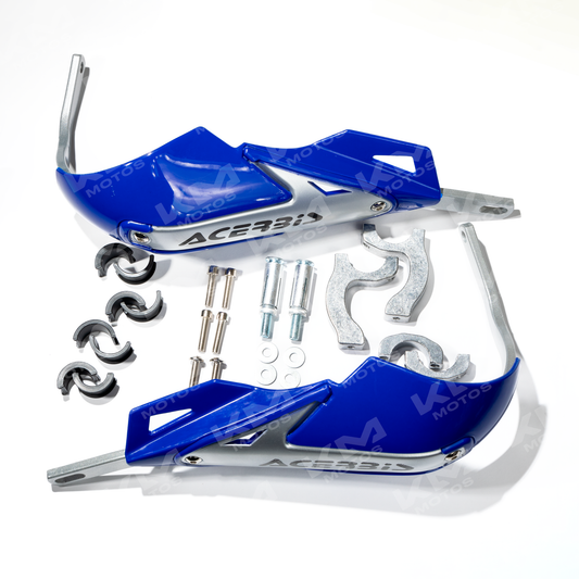 Protector de punos Acerbis y blister de metal azul para protección de manos en deportes de motor.