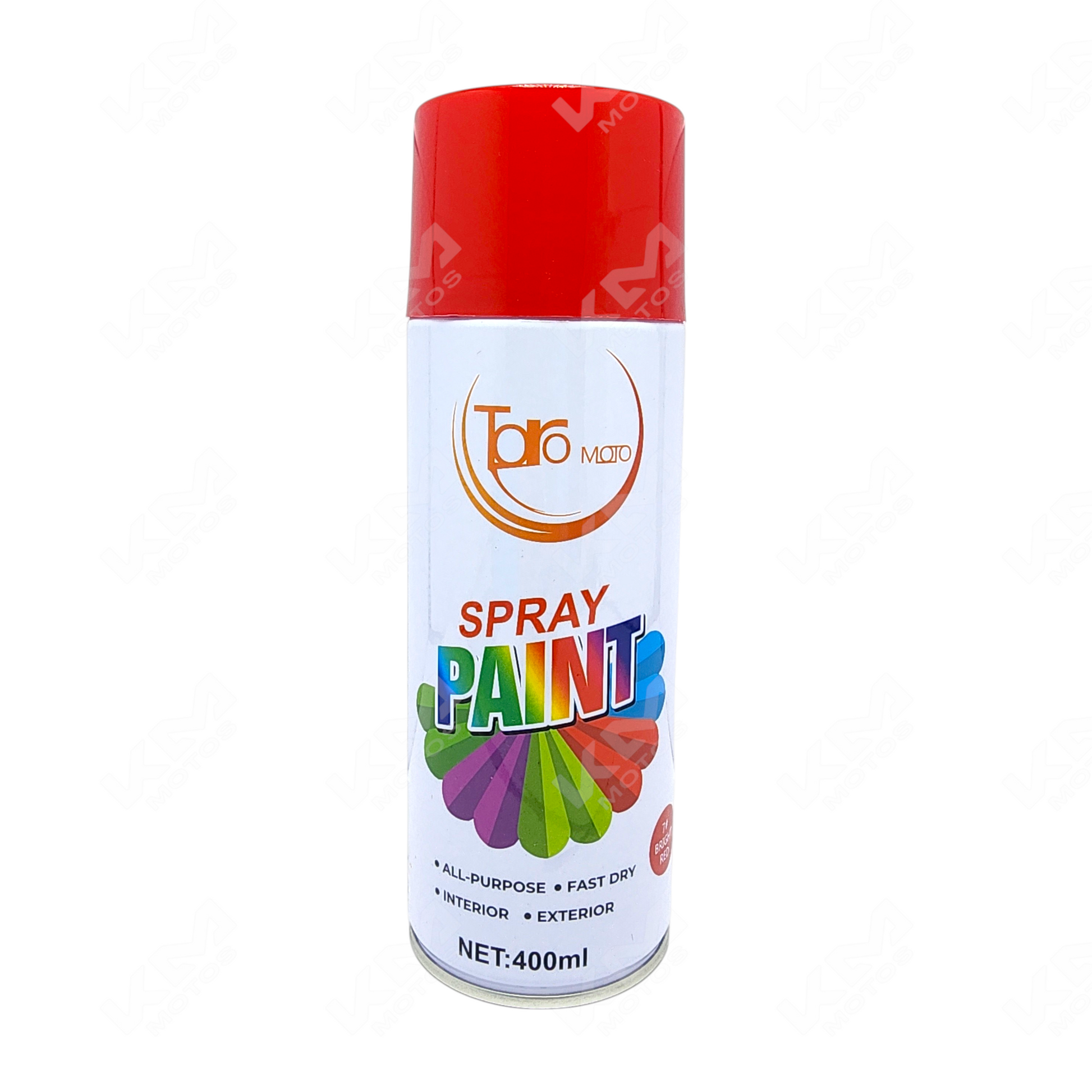 Spray de pintura roja fuego de la marca KM Motos, mostrando el aerosol y el envase en una superficie blanca.