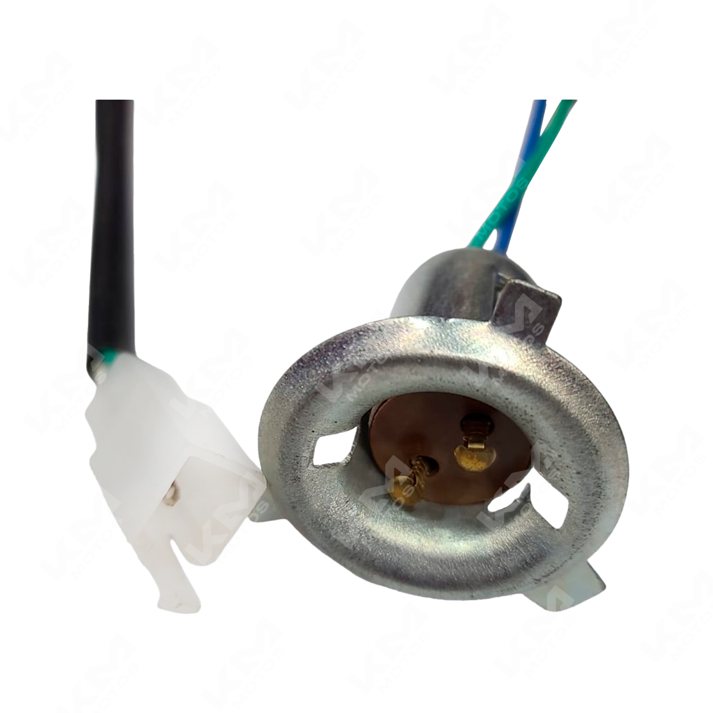 Enchufe de metal con 2 contactos de la marca KM Motos, resistente y duradero para conexiones eléctricas confiables.